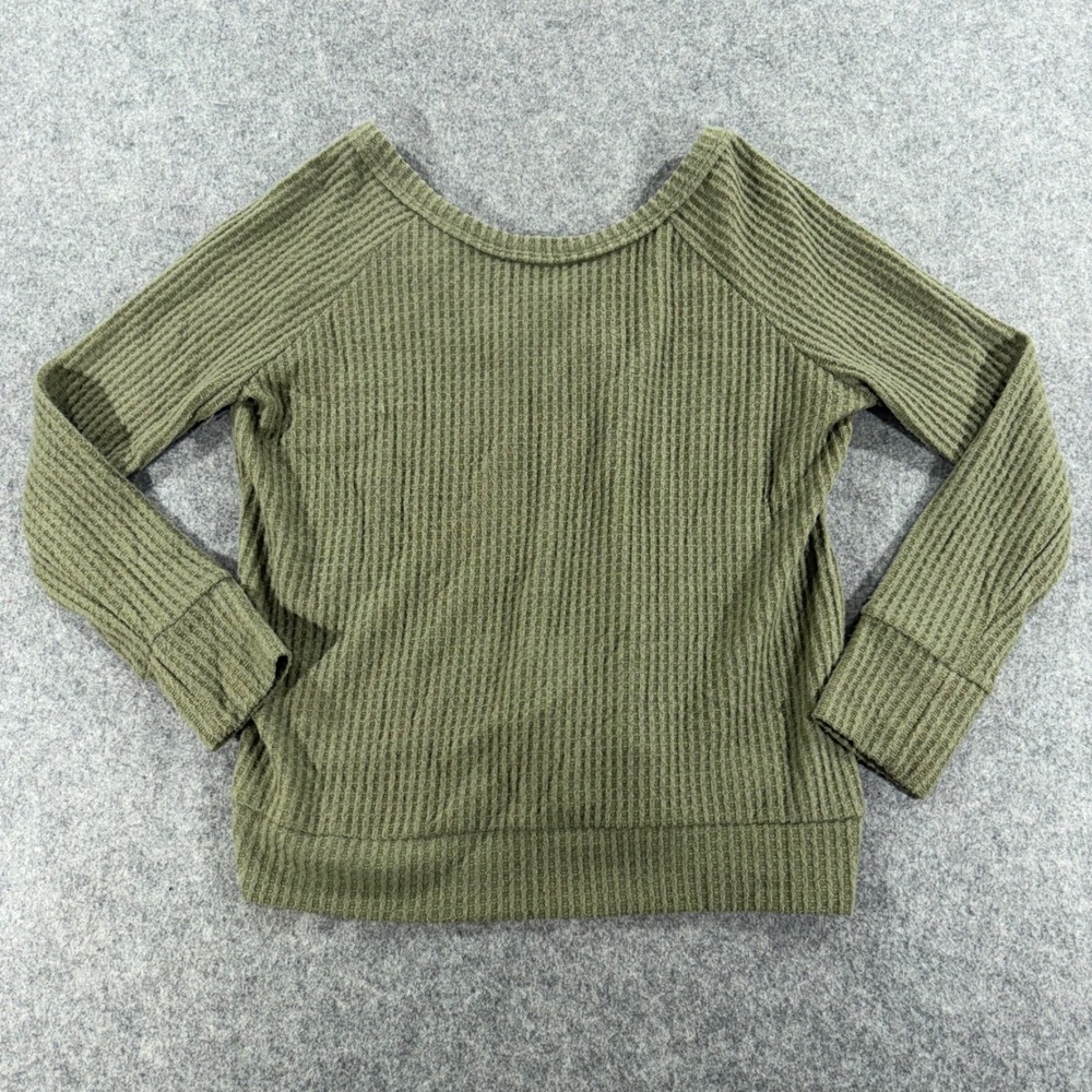 Poof New York Womens Olive Green Waffle Knit Crisscross Back Thermal Top Size M